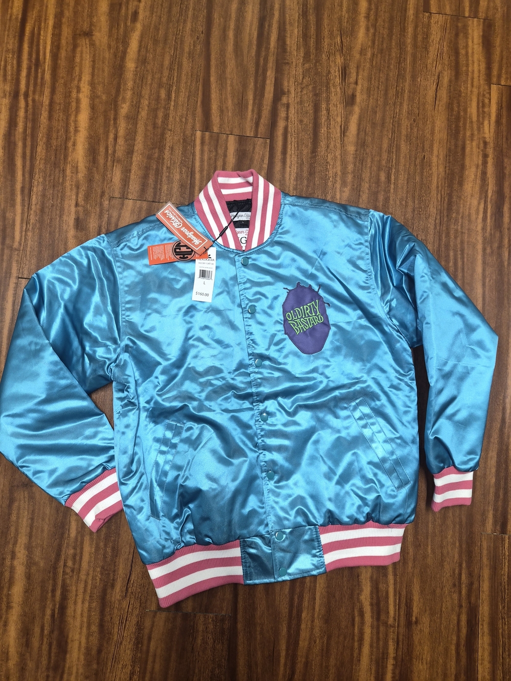 Oddity Distro Teal Satin Bomber Jacket with Pink & White Trim